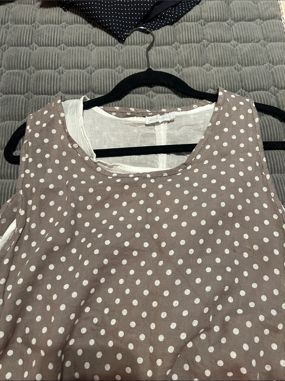Polka Dot Sleeveless Overlay Tank Top in Taupe and White - Picture 2 of 8